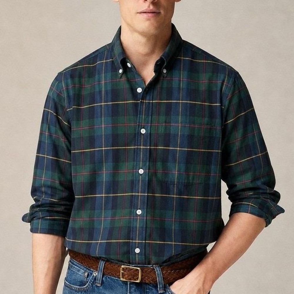J.Crew Pima 100% Cotton Button Down Oxford Men M Slim Plaid Tartan Green Preppy